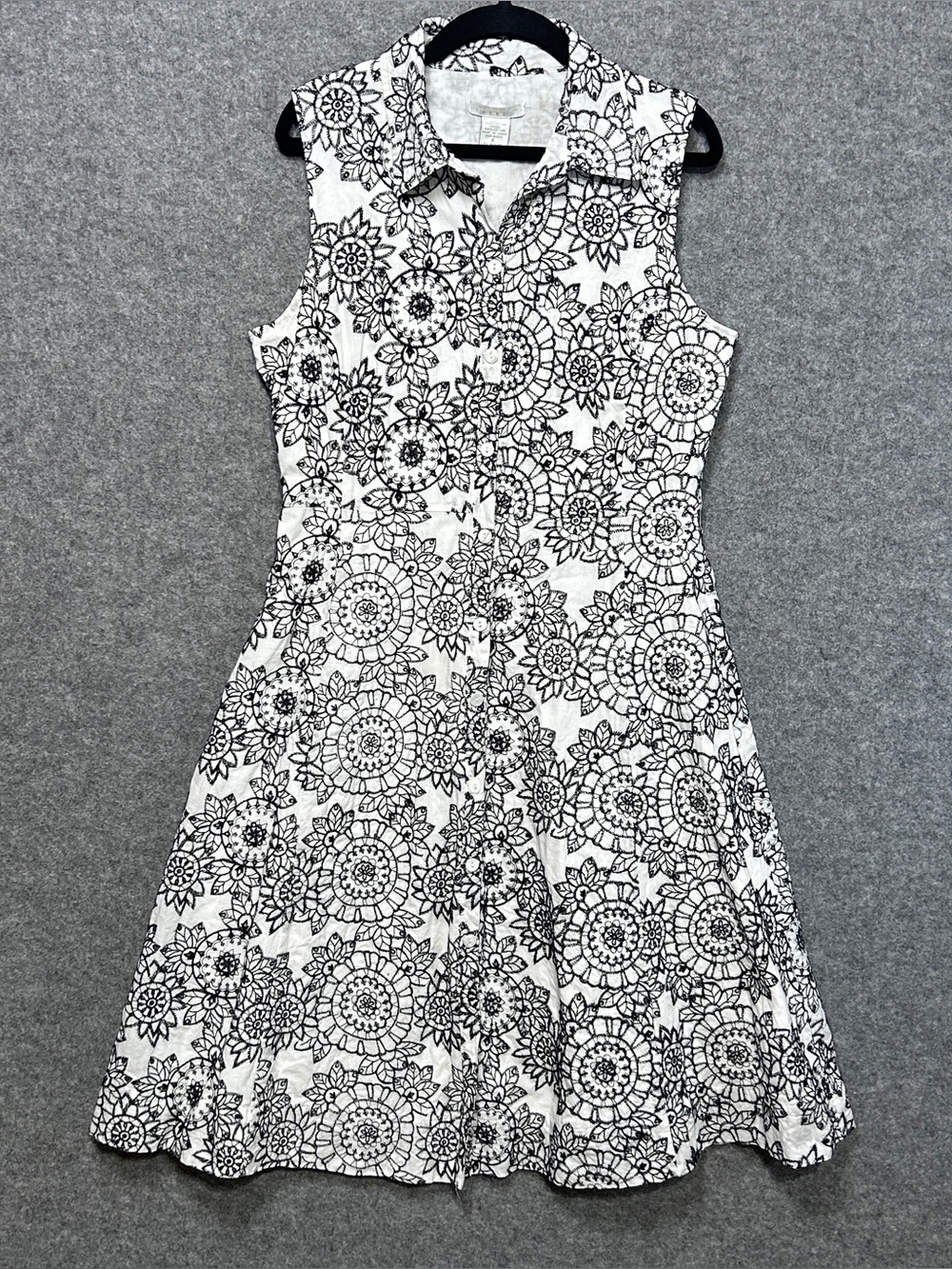 Tweeds Women’s 8 Black White Sleeveless Collar Embroidered Floral Midi Dress